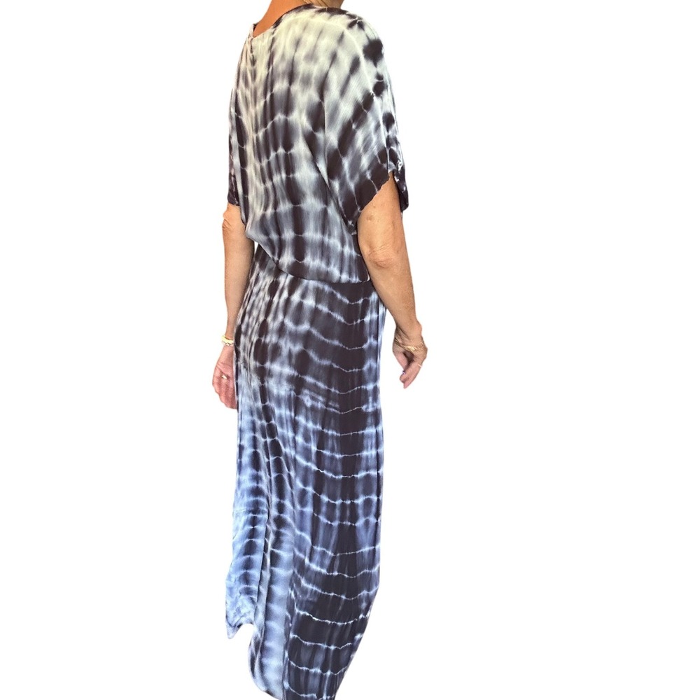 Knox Rose Rayon Blue White Tie Dye V-Neck Maxi Dress Short Sleeve Boho Belted - Picture 7 of 13